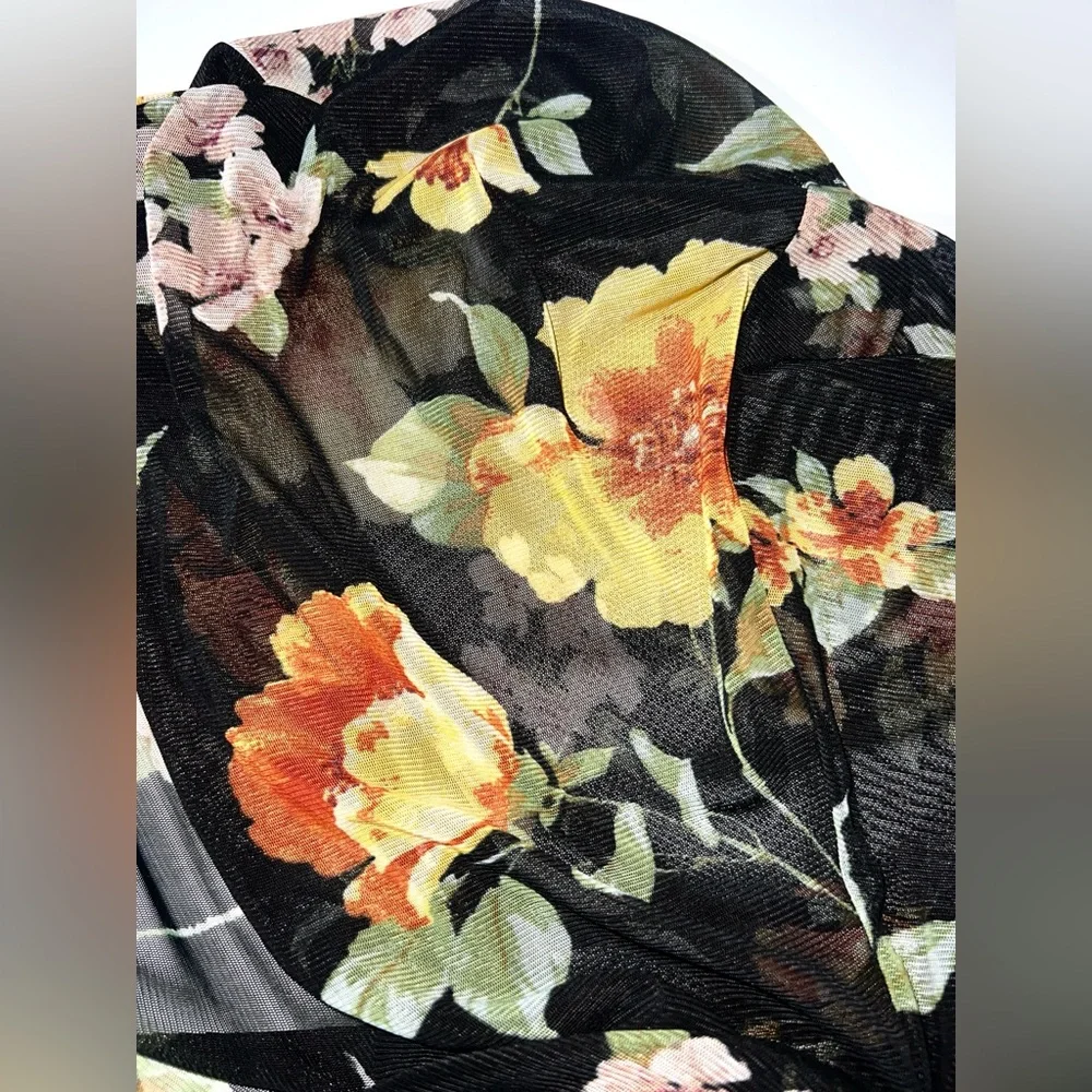 3rd + Malt black floral print sheer‎ duster cardigan cover-up with drawstring M